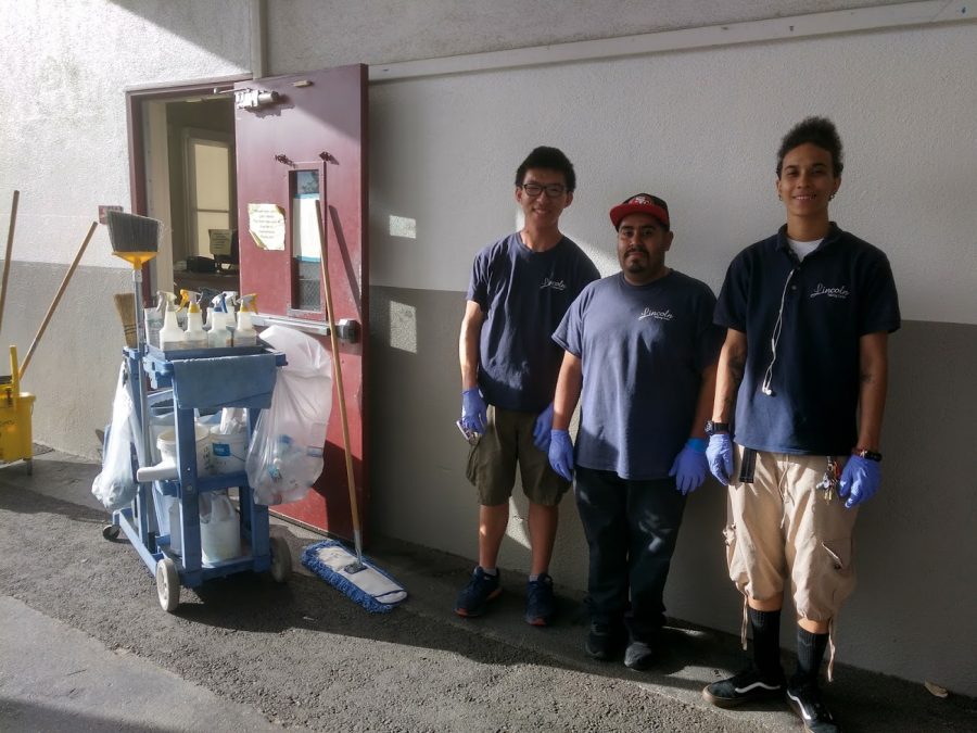 (Left to Right) Jacko Wu, Manuel Castillo, and Angelica McLaughlin take a break from cleaning the ASB Office.