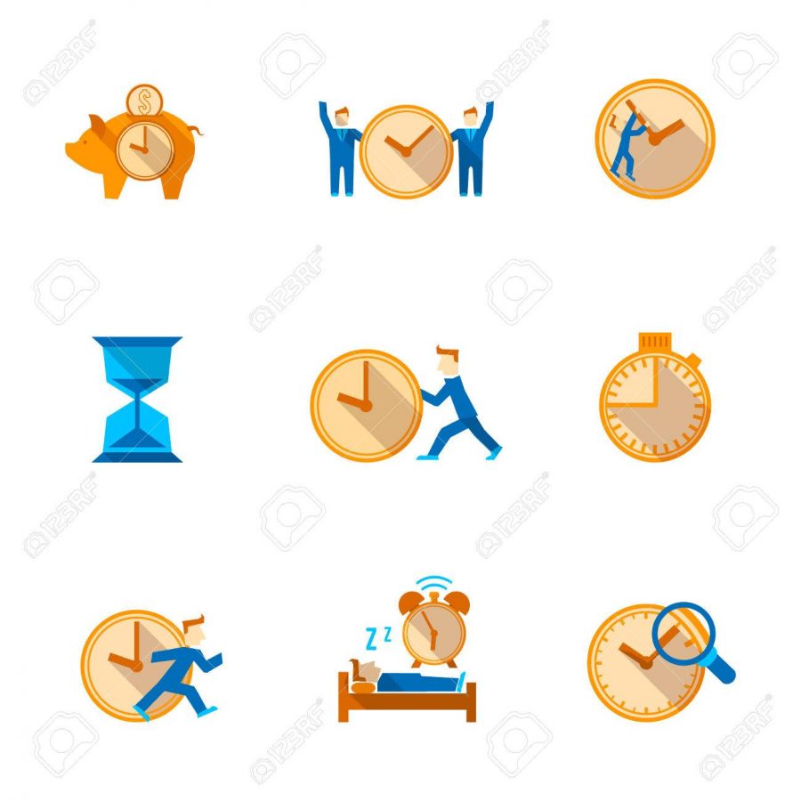 Efficient and cost effective team time management strategy flat icons set with shadow abstract isolated vector illustration
