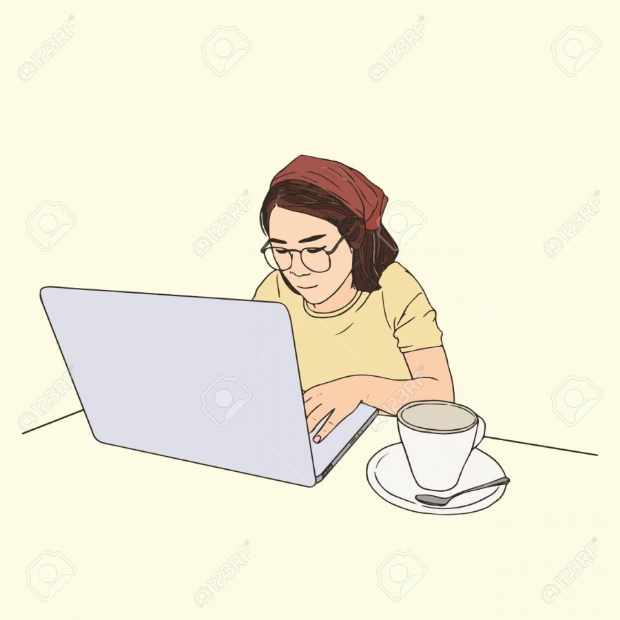 Woman using laptop ,work place scene  hand draw sketch vector.
