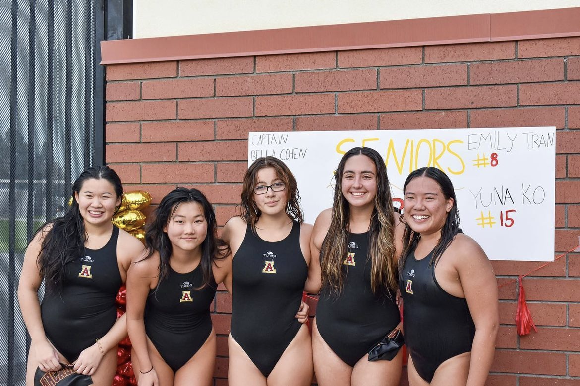 Varsity Girls Water Polo seniors (from left to right) Alysia Shang, Yuna Ko, Lana Menck, Bella Cohen, and Emily Tran!