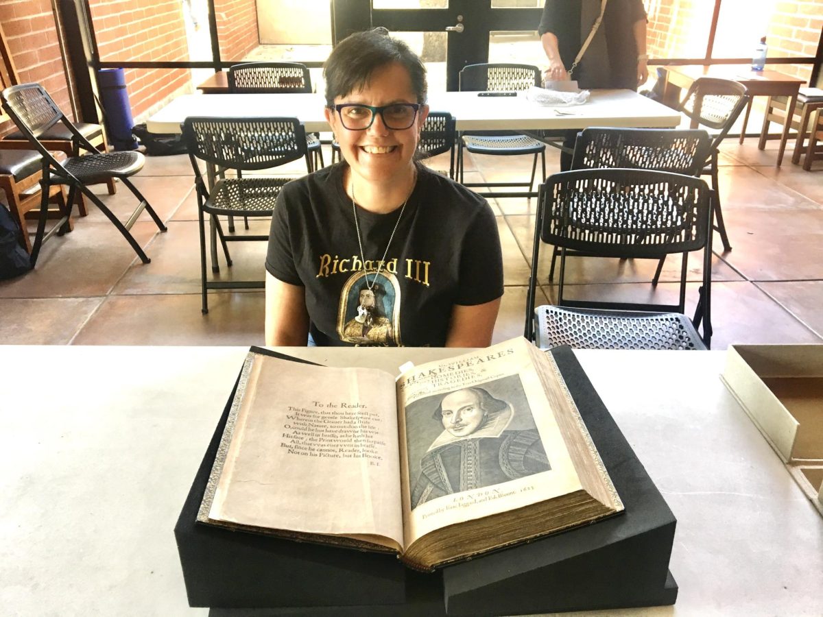 Mx. Charmaine Cordero with the First Folio at the UCLA Clark Library.