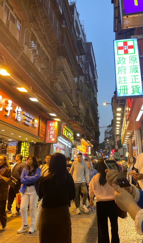 A view of a lively night market near the Ruins of St. Paul's, Macau.