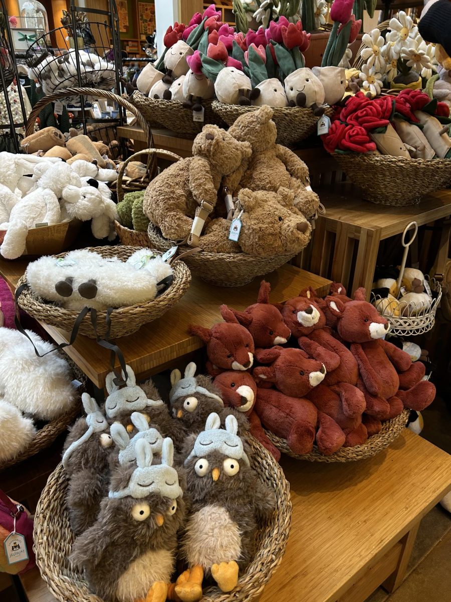 A whimsical collection of plush animals and flowers at the Huntington Library Gift Store. 