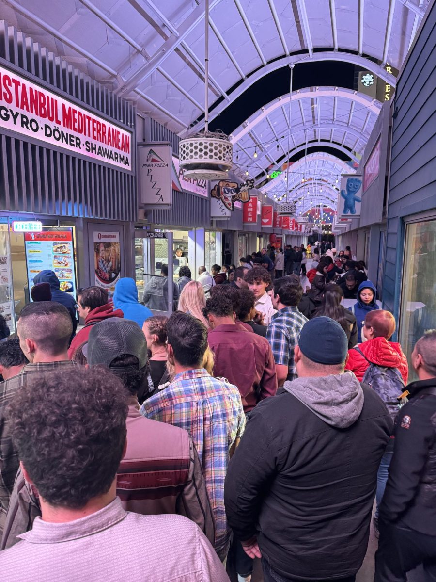 A large group of people wait patiently in line for Istanbul Mediterranean at  Las Vegas.