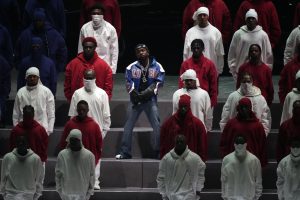 Feb 9, 2025; New Orleans, LA, USA; Recording artist Kendrick Lamar performs during the halftime show of Super Bowl LIX between the Philadelphia Eagles and the Kansas City Chiefs at Ceasars Superdome. Mandatory Credit: Kirby Lee-Imagn Images