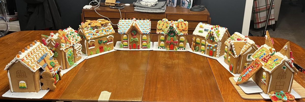 Displaying the gingerbread houses I built with many of my friends on Christmas Eve