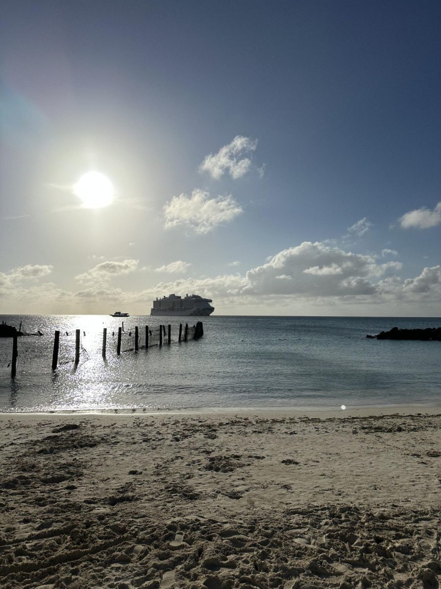 The anchored ship seen from the shores of Princess Cays on day 2—a private resort on the southern tip of Eleuthera, Bahamas owned by Carnival. Since the island lacks a deep-water dock, the ship remains at anchor while passengers are ferried to the pier via smaller tender boats.