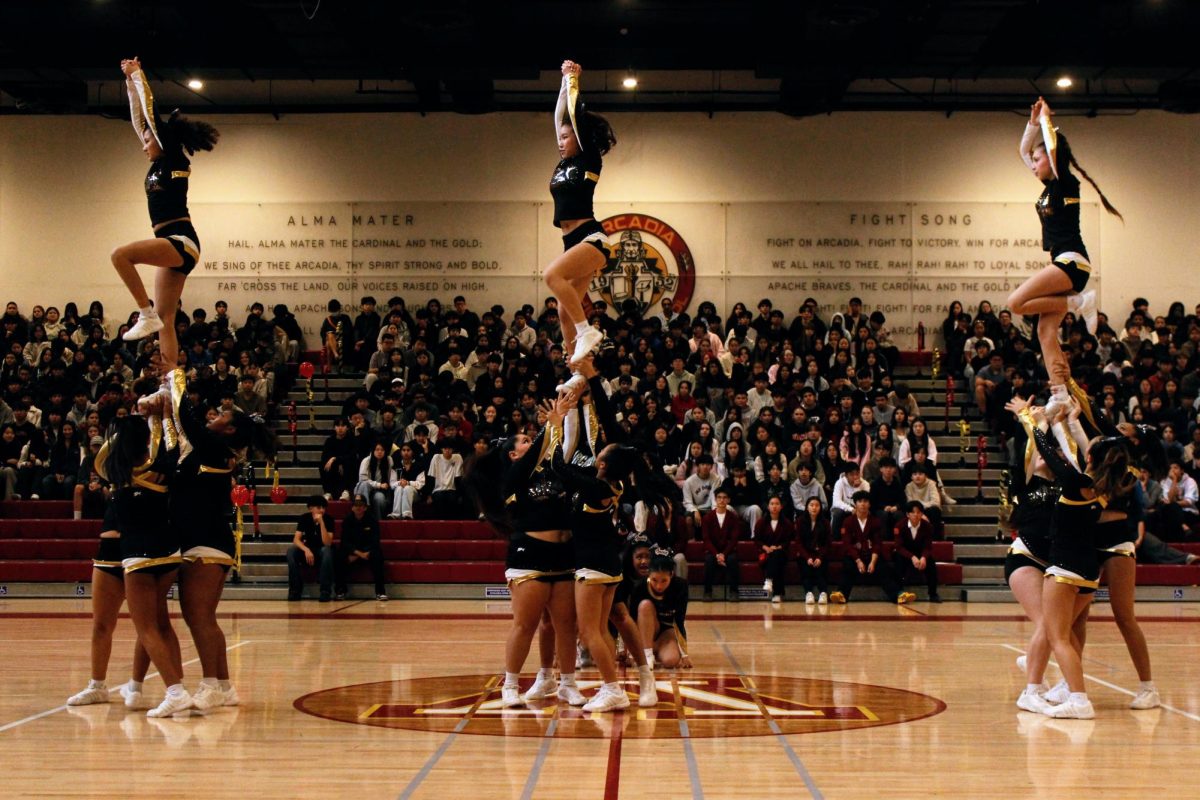 The Varsity Pep performed a variety of tricks and flips to a mashup of songs called "Nothing We Can't Handle."